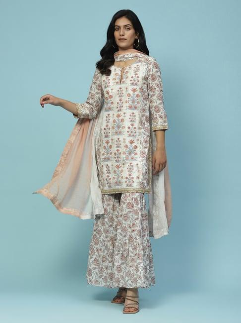 aarke ritu kumar off white floral print kurta with sharara & dupatta