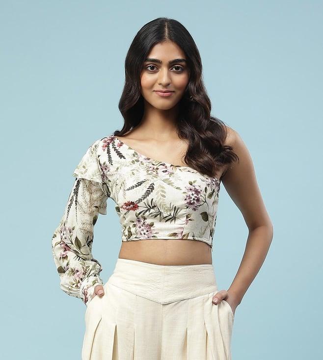 aarke ritu kumar off white floral print one shoulder crop top