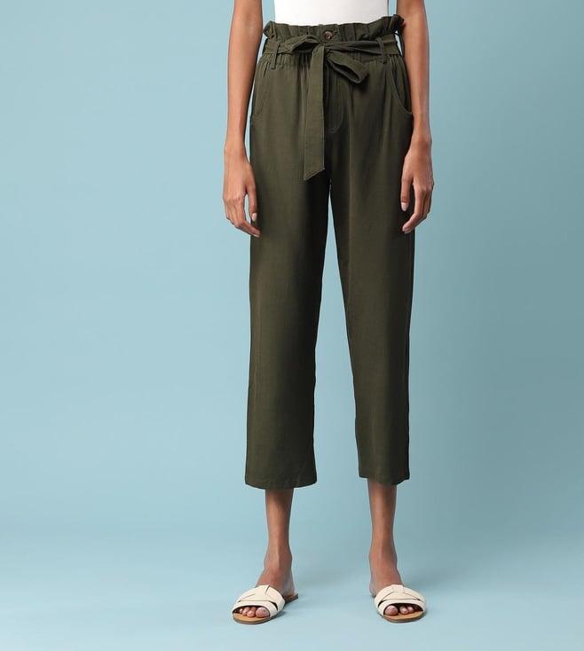 aarke ritu kumar olive green tie-up paperbag trousers