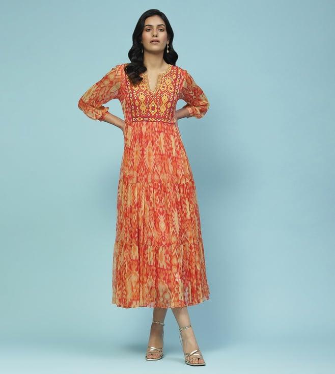 aarke ritu kumar orange parker printed long dress