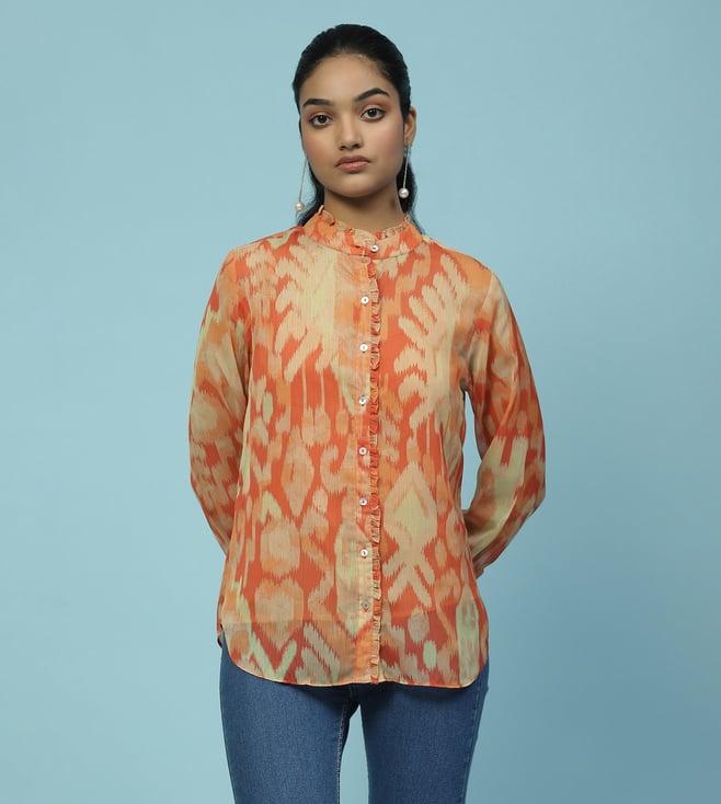 aarke ritu kumar orange parker printed shirt with camisole