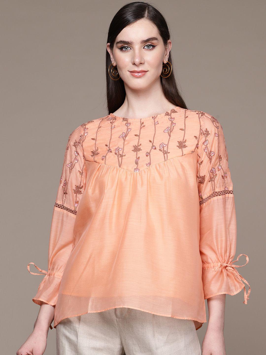 aarke ritu kumar peach-coloured floral embroidered top