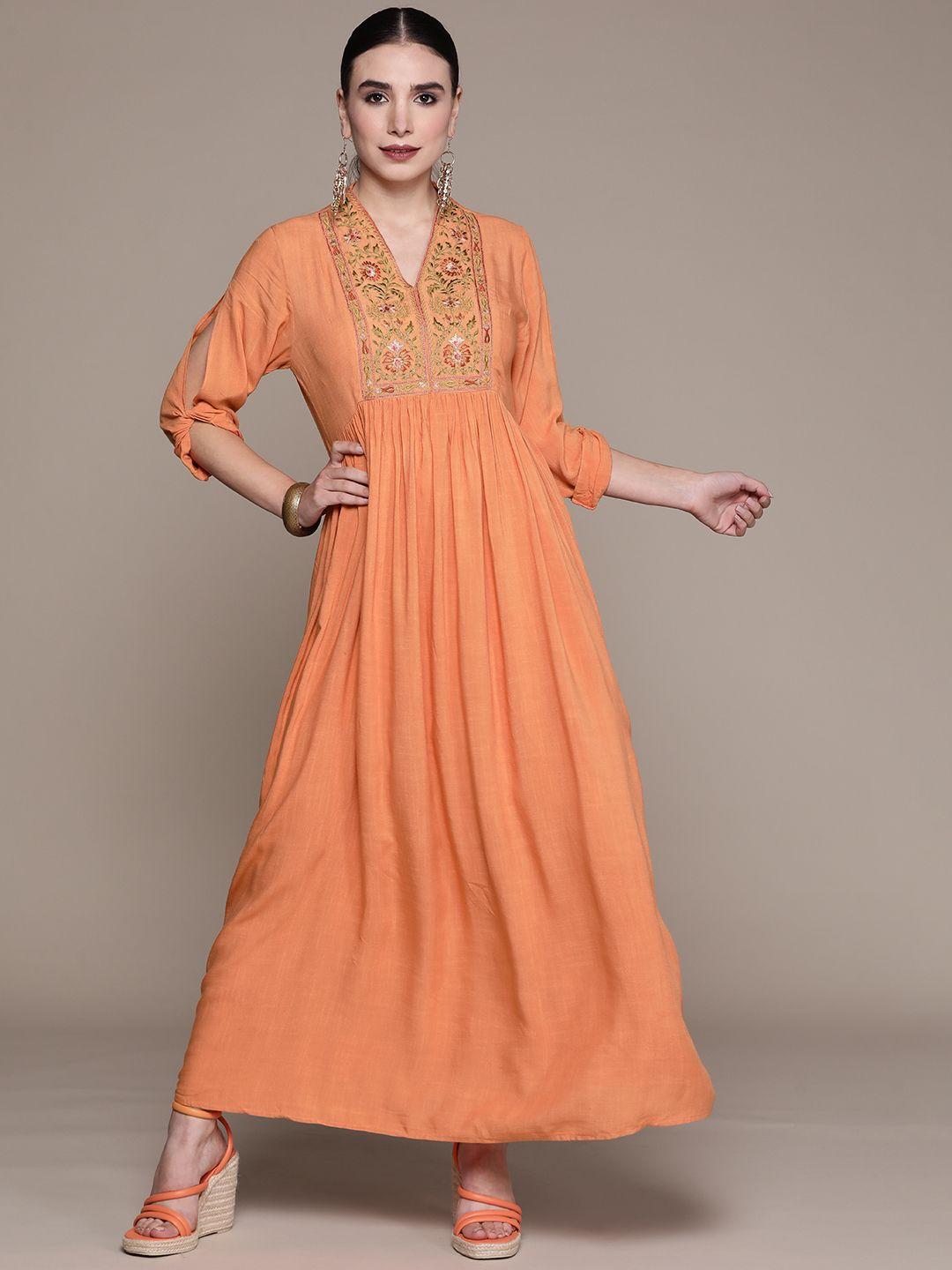 aarke ritu kumar peach-coloured yoke embroidered maxi ethnic dress