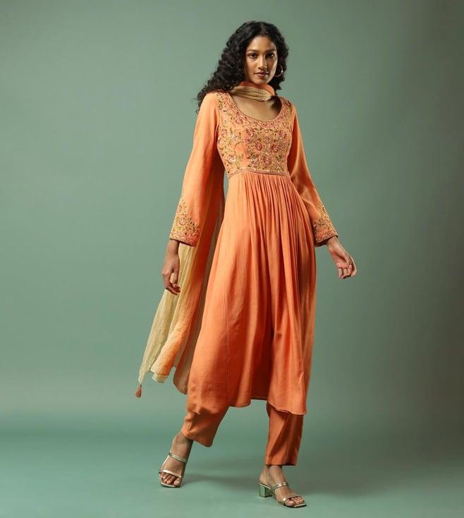 aarke ritu kumar peach embroidered anarkali kurta with pant and dupatta