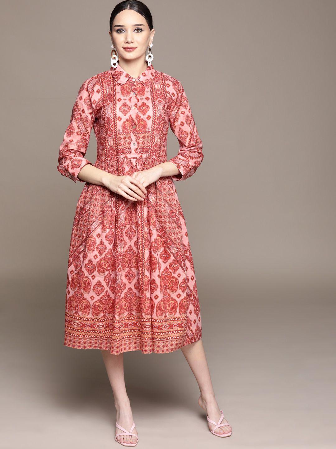 aarke ritu kumar pink & orange ethnic motifs print cotton shirt midi dress