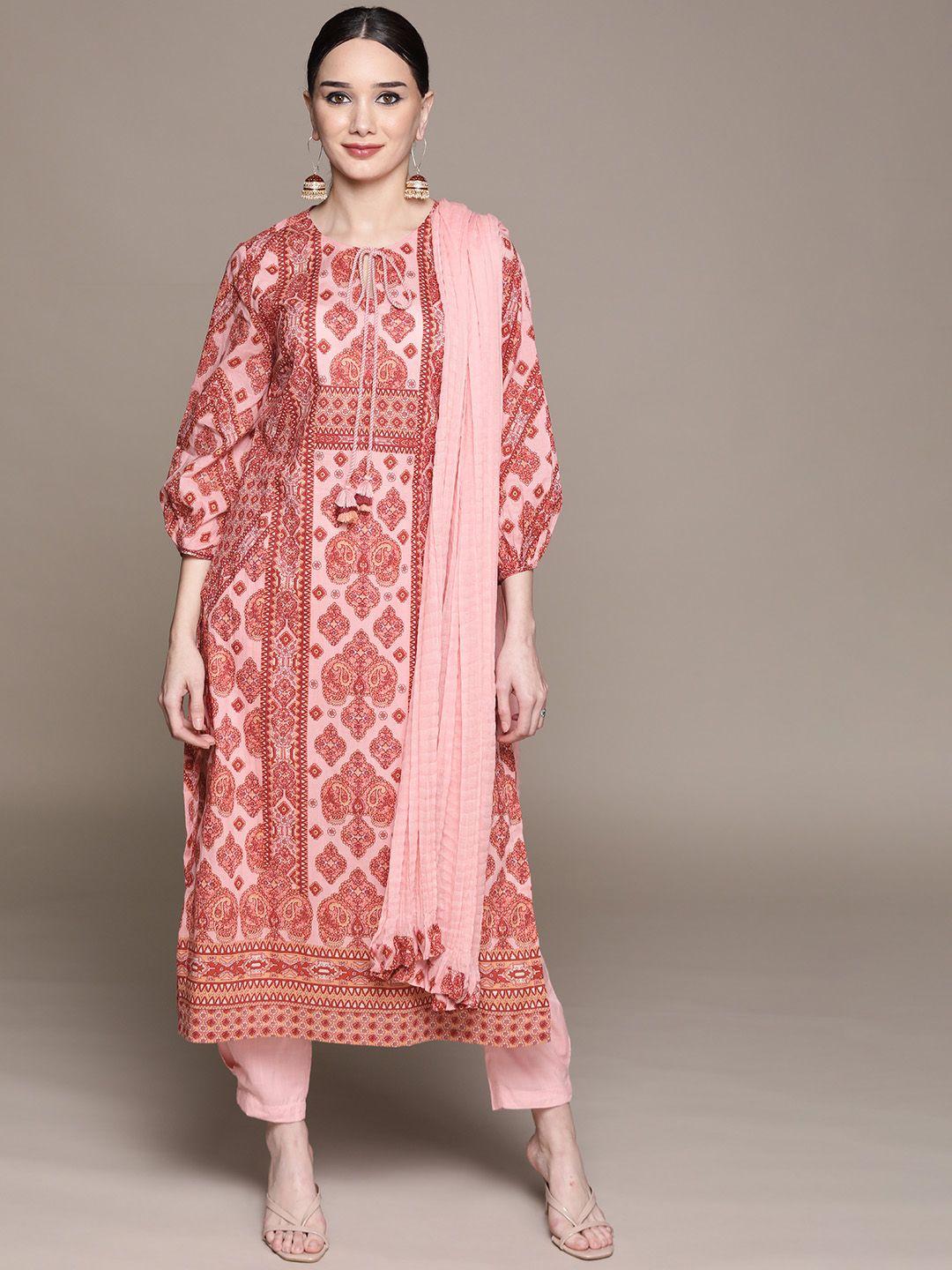 aarke ritu kumar pink & orange ethnic printed straight kurta afgan salwar & dupatta