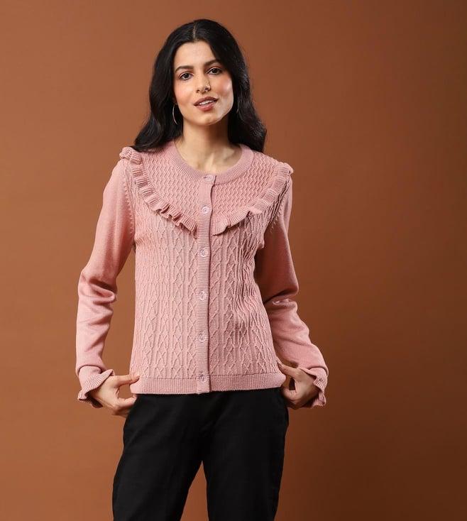 aarke ritu kumar pink knitted ruffle cardigan