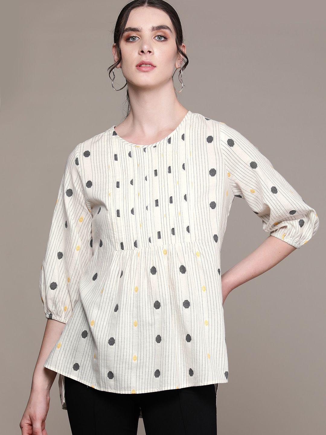 aarke ritu kumar polka dot print puff sleeve cotton longline top