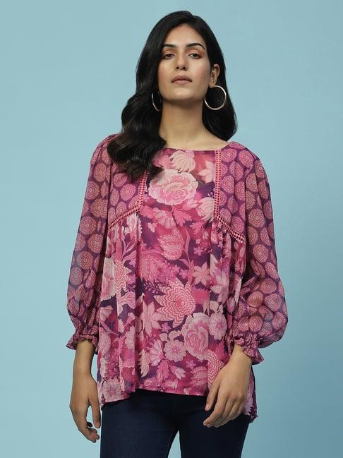 aarke ritu kumar purple & pink floral print top with camisole