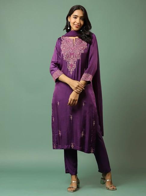 aarke ritu kumar purple embroidered kurta with pant and dupatta