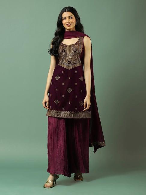 aarke ritu kumar purple embroidered kurti with palazzo & dupatta