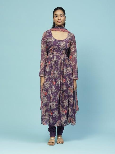 aarke ritu kumar purple floral print kurta with churidar & dupatta