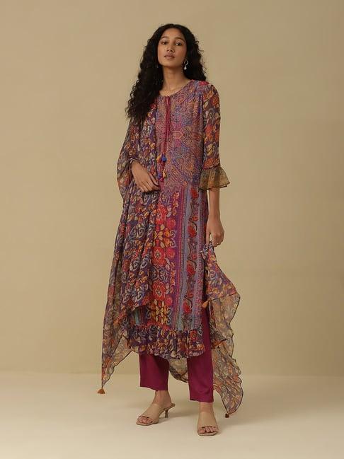 aarke ritu kumar purple floral print kurta with pants & dupatta