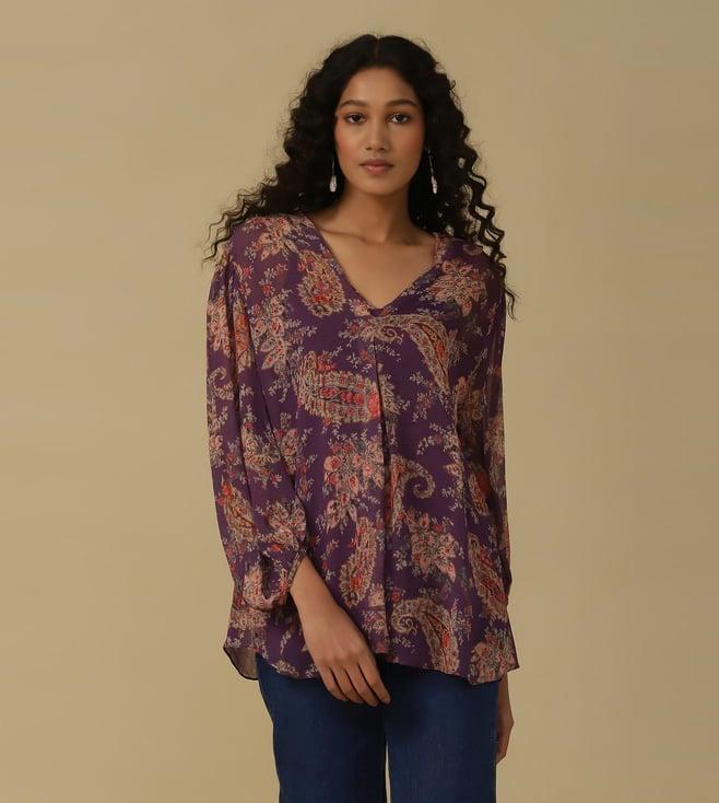 aarke ritu kumar purple floral print shirt with camisole