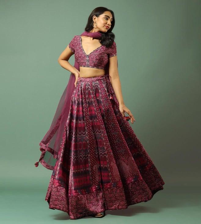 aarke ritu kumar purple printed lehenga with blouse and dupatta