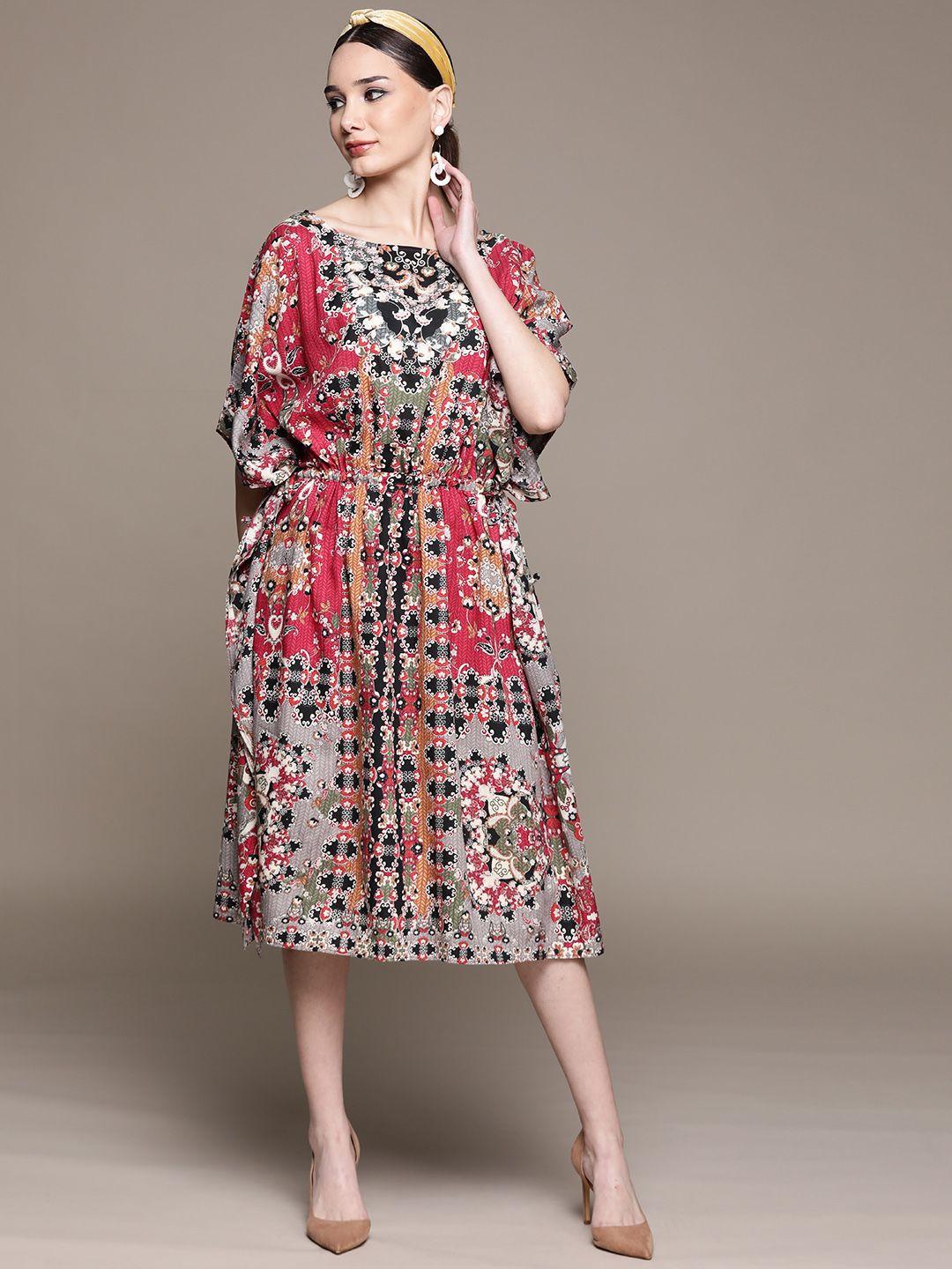 aarke ritu kumar red & grey ethnic motifs print kaftan midi dress