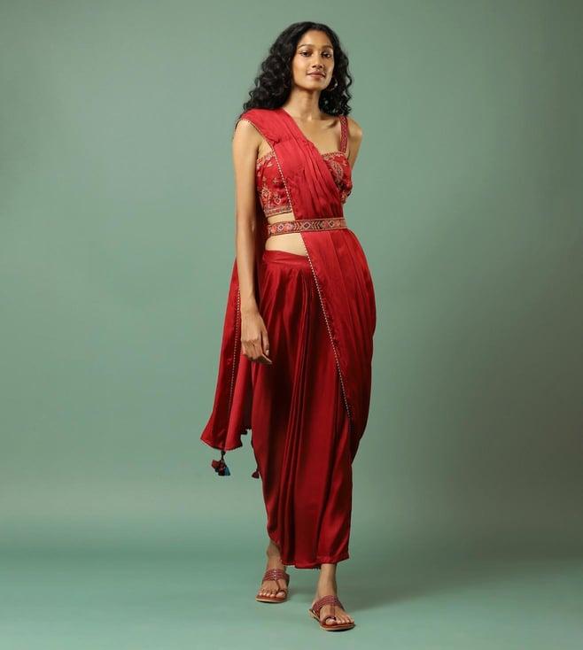 aarke ritu kumar red pre-draped saree with embroidered blouse
