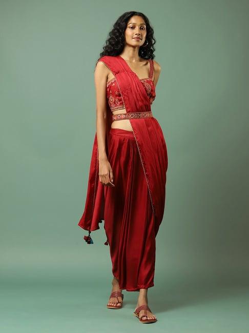 aarke ritu kumar red printed ready to wear saree with blouse