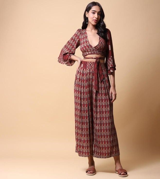 aarke ritu kumar rust geometric wrap top with dhoti pant co-ord set