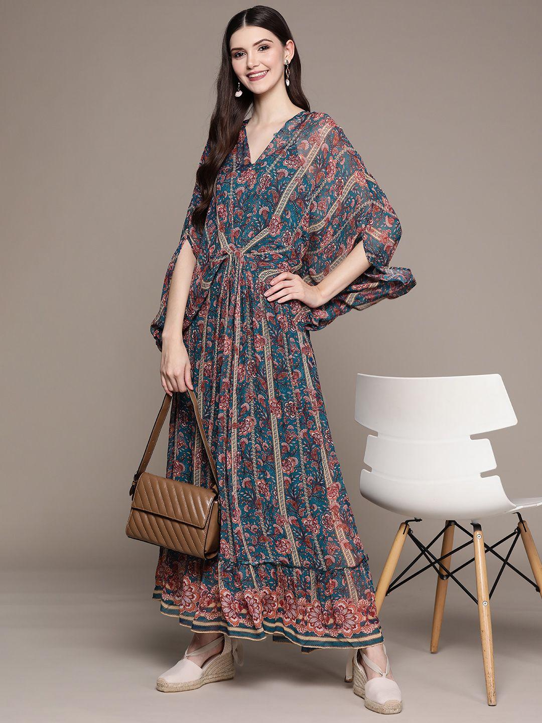 aarke ritu kumar teal & maroon ethnic motifs georgette maxi dress