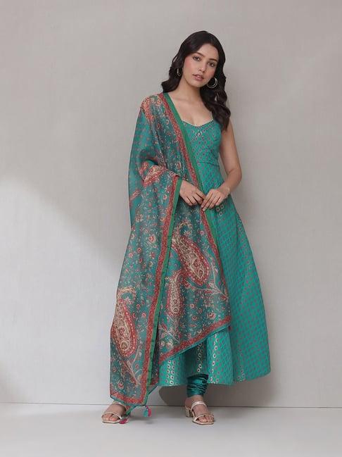 aarke ritu kumar teal printed anarkali kurta with pants & dupatta