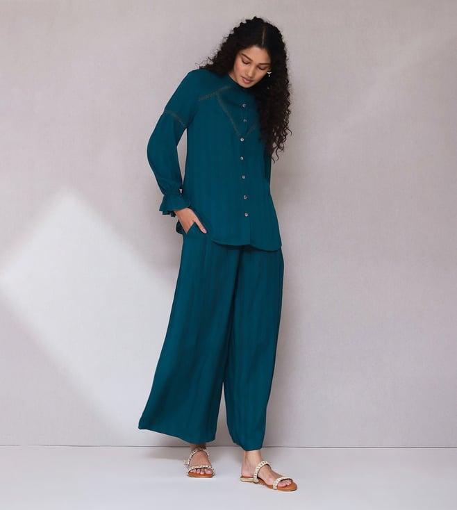 aarke ritu kumar teal solid shirt with pant co-ord set