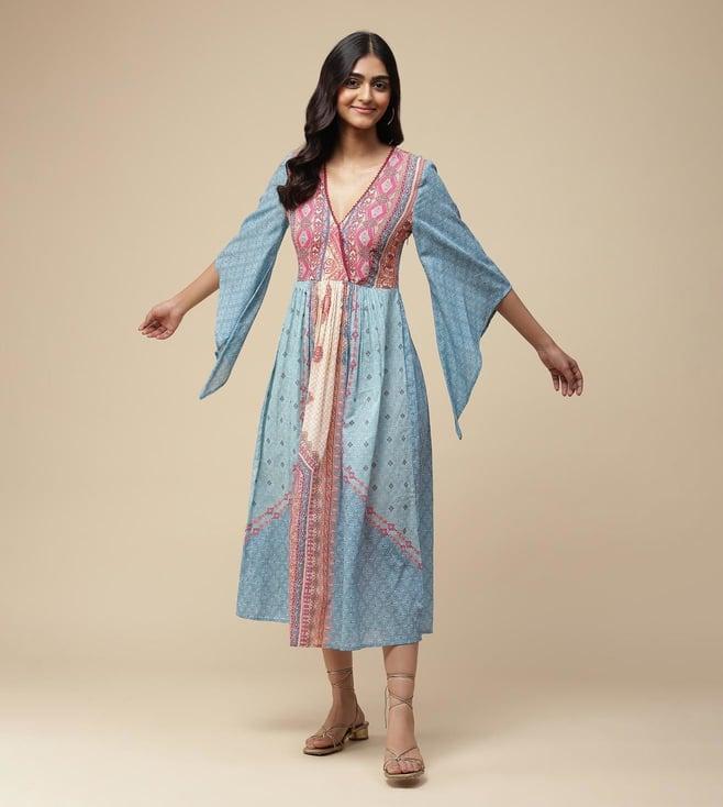 aarke ritu kumar turquoise printed long dress with asymmetric sleeves