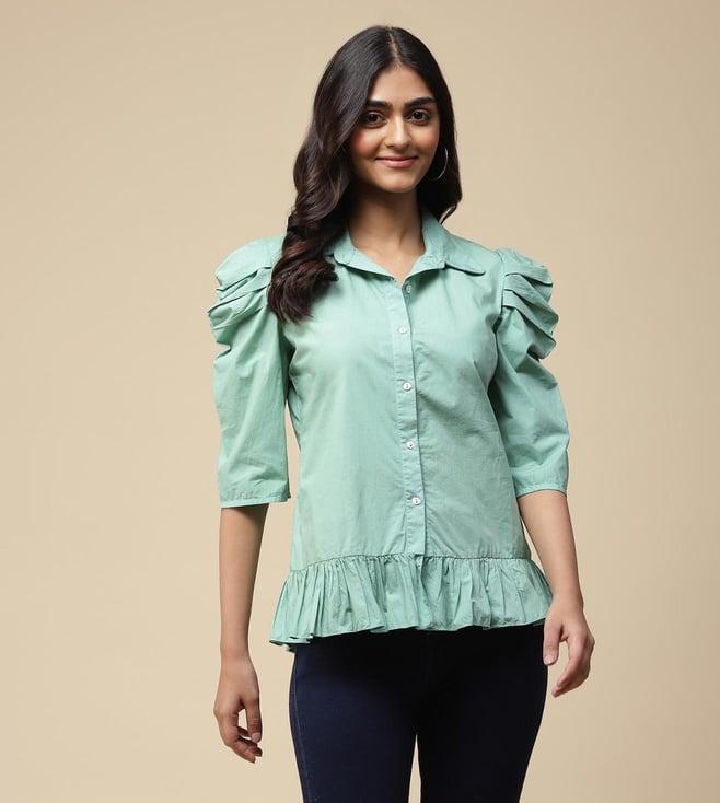 aarke ritu kumar turquoise ruffle top