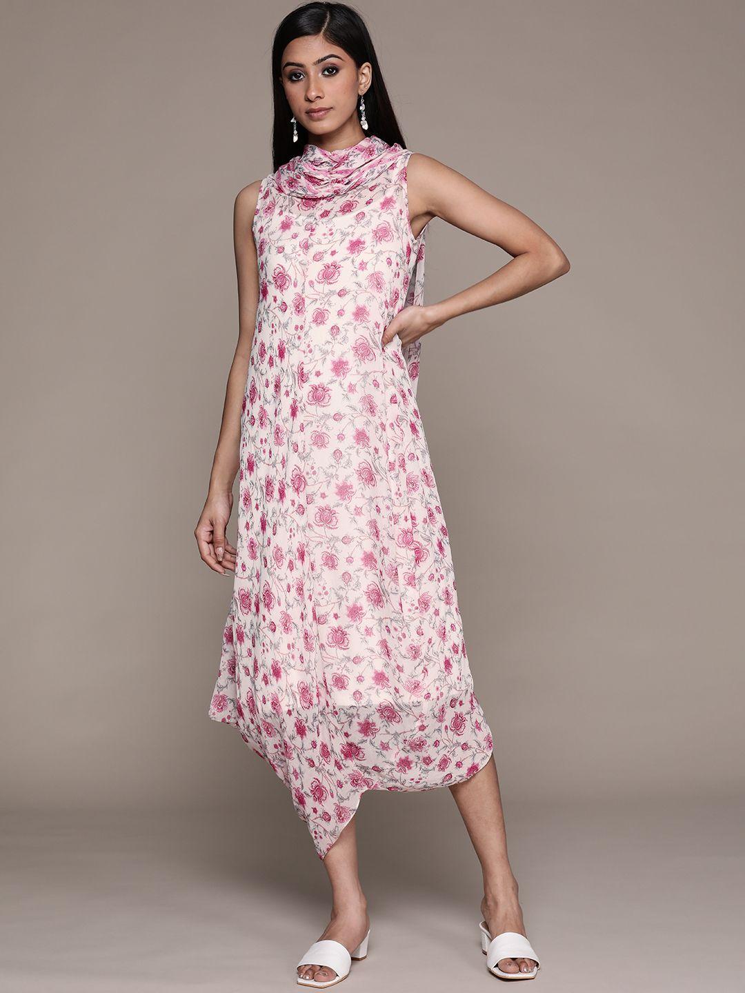 aarke ritu kumar white & pink floral cowl neck georgette a-line midi dress
