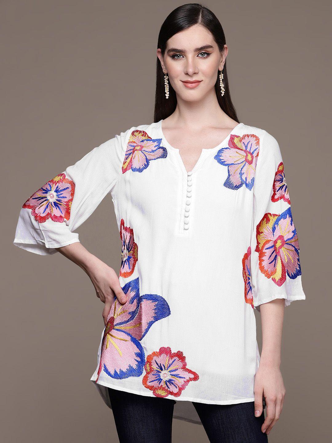 aarke ritu kumar white floral embroidered crepe top