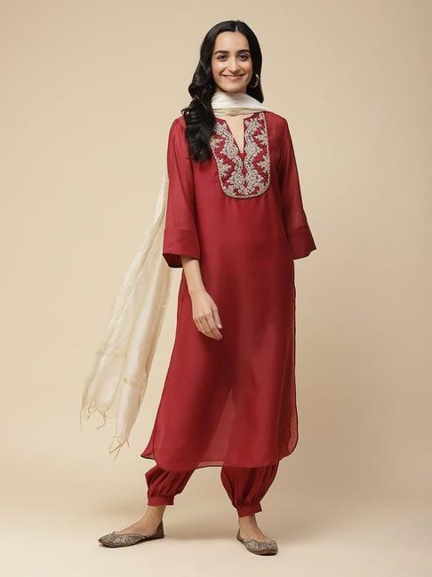 aarke ritu kumar wine embroidered kurta with pant & dupatta