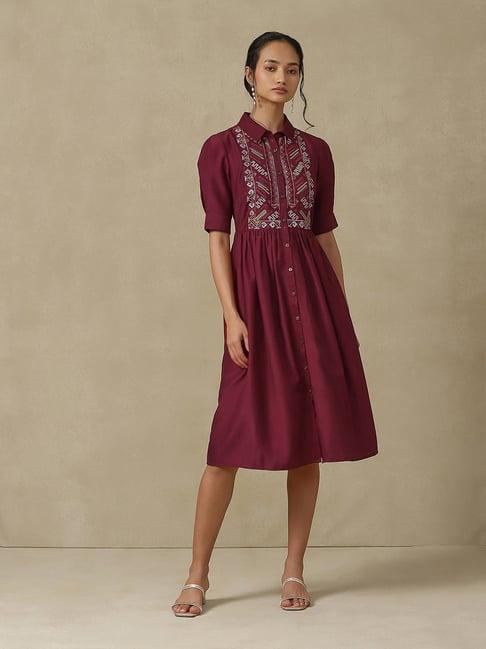 aarke ritu kumar wine embroidered shirt dress