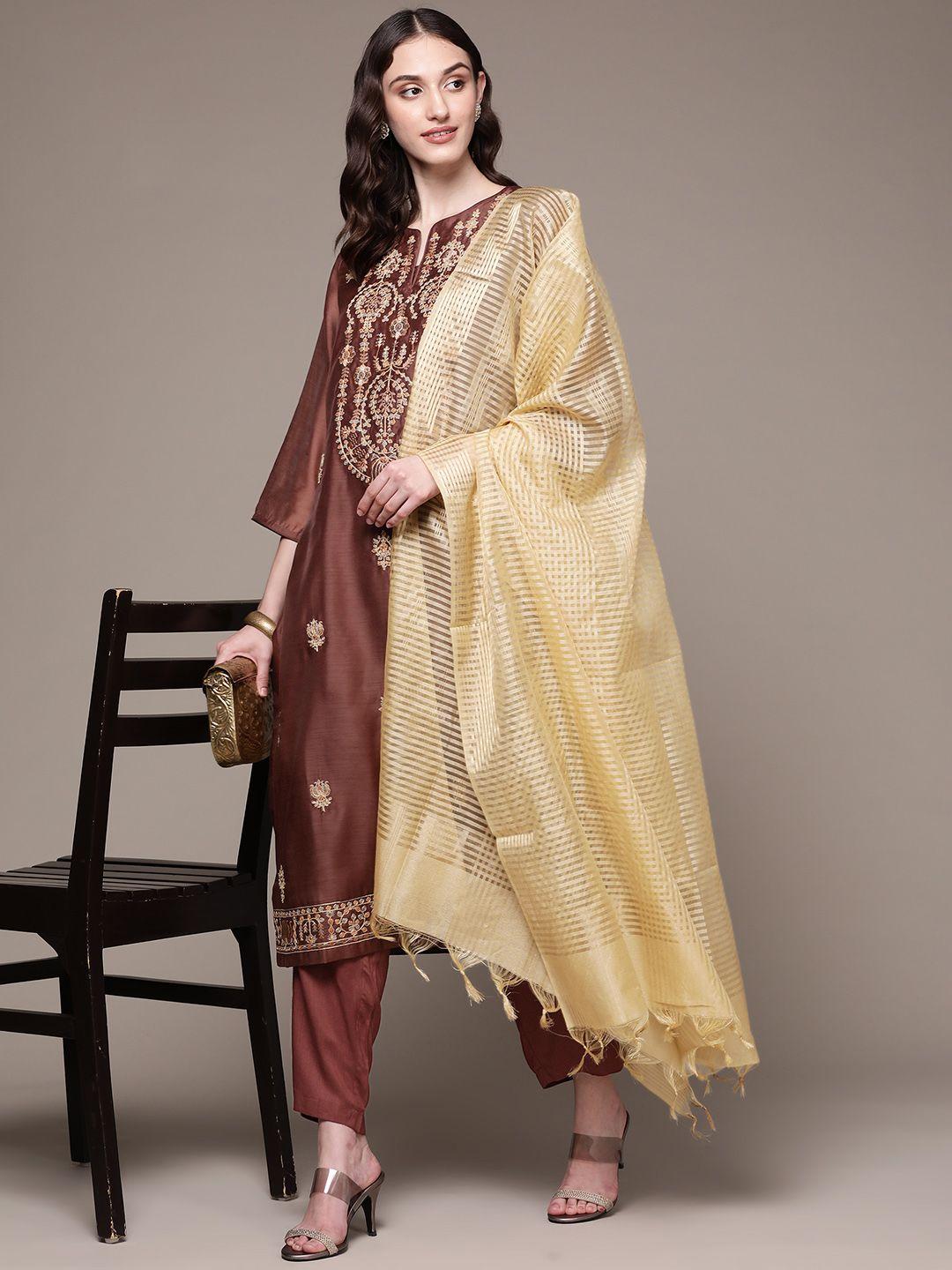 aarke ritu kumar women brown printed thread work kurta with trousers & with dupatta