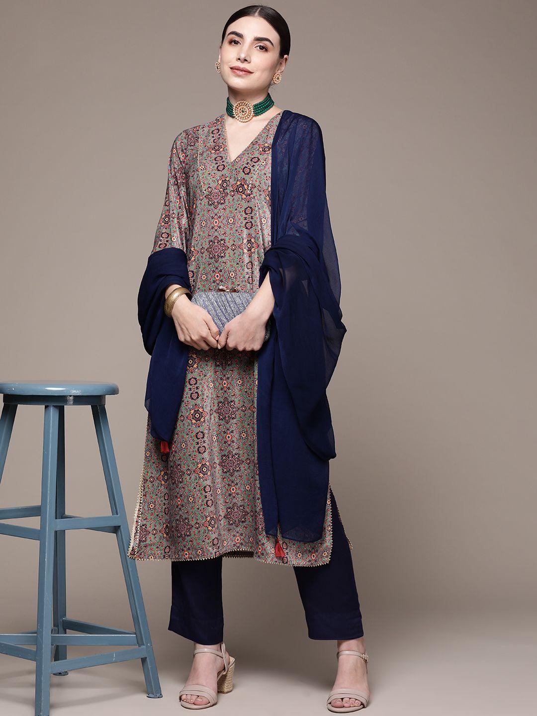 aarke ritu kumar women ethnic motifs printed velvet kurta with pyjamas & dupatta