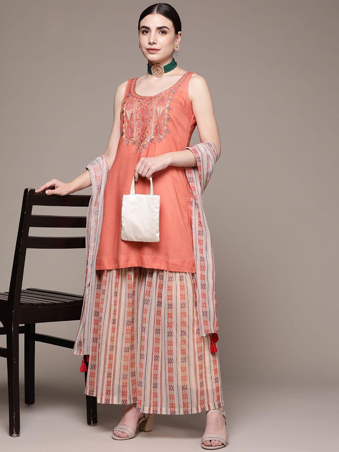 aarke ritu kumar women floral embroidered thread work kurta with palazzos & with dupatta