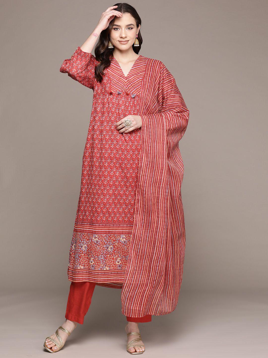 aarke ritu kumar women floral printed pleated kurta with palazzos & with dupatta