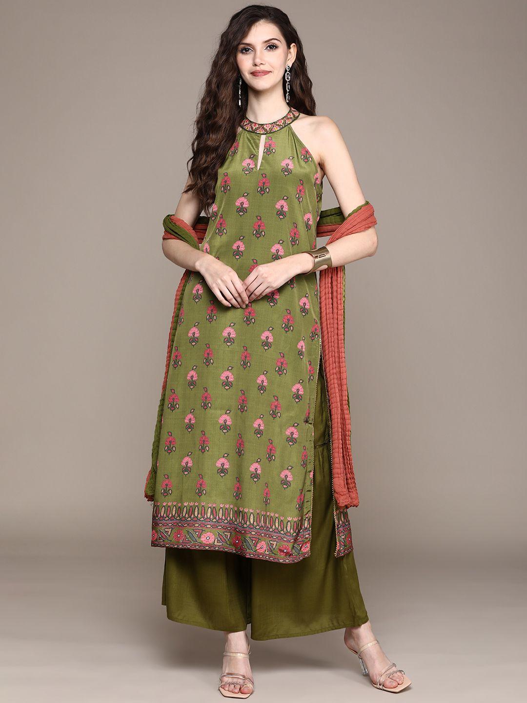 aarke ritu kumar women green floral printed beads and stones kurta with palazzos & with dupatta