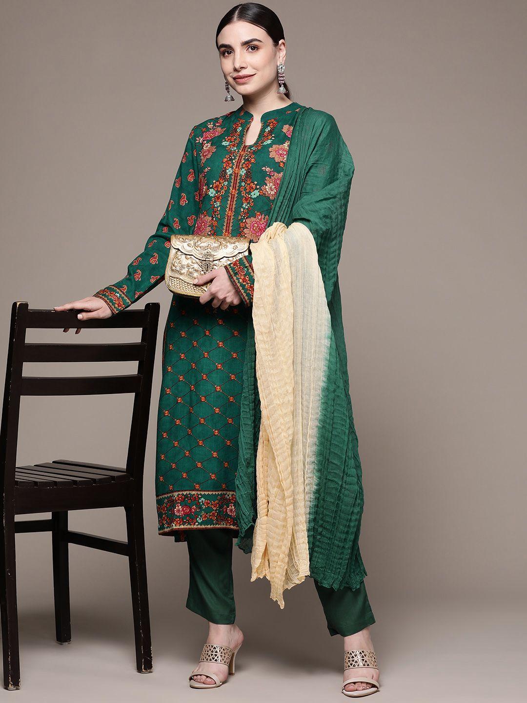 aarke ritu kumar women green floral printed kurta with trousers & with dupatta
