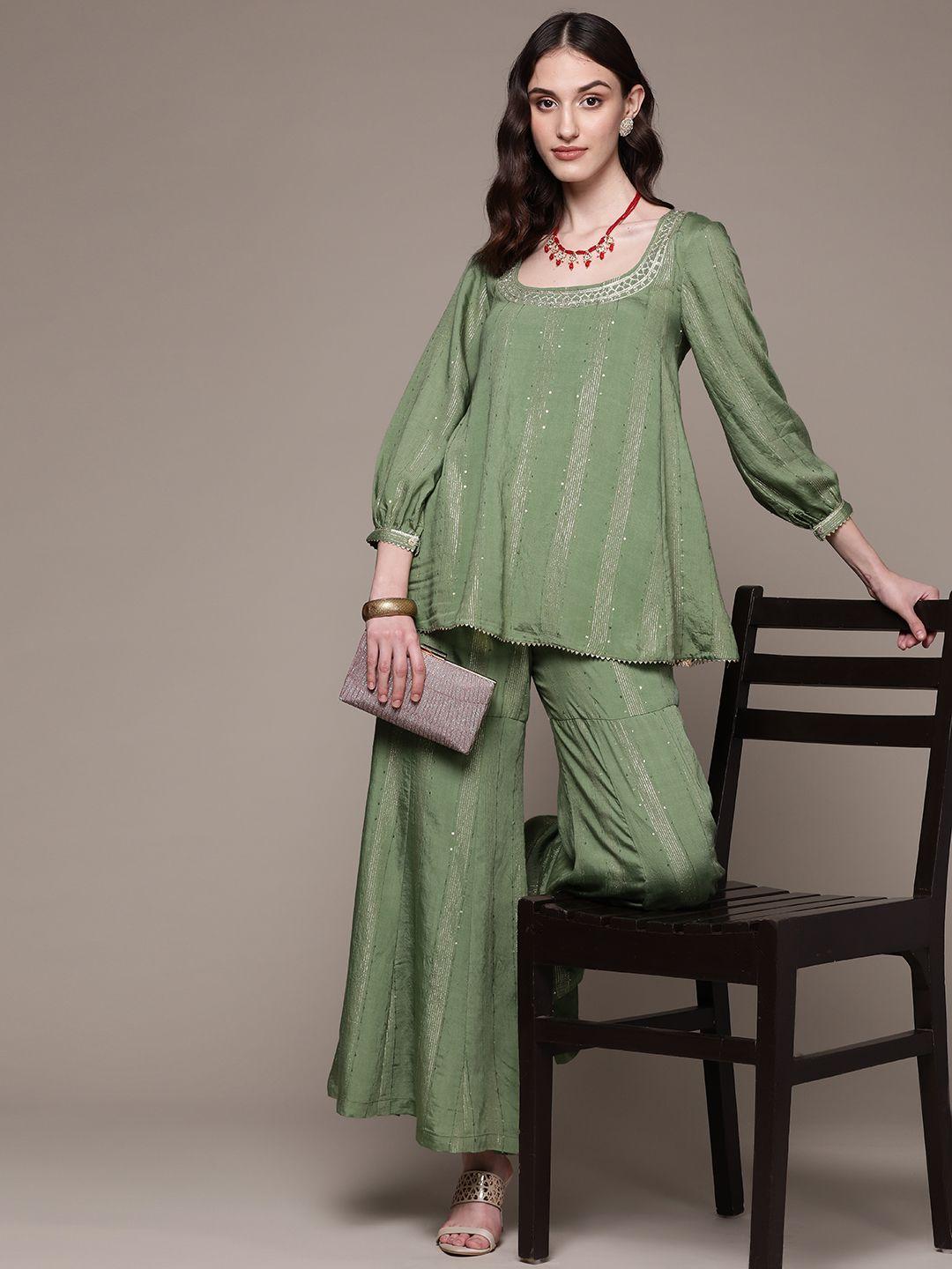 aarke ritu kumar women green striped sequinned kurti with palazzos