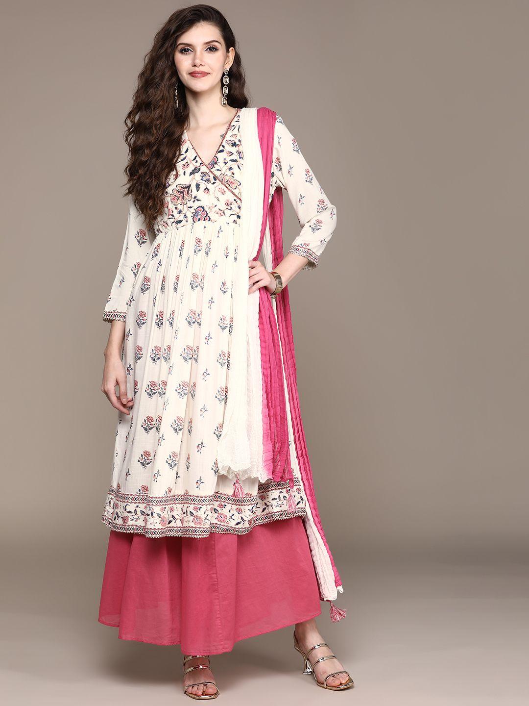 aarke ritu kumar women off white floral printed angrakha kurta with trousers & with dupatta