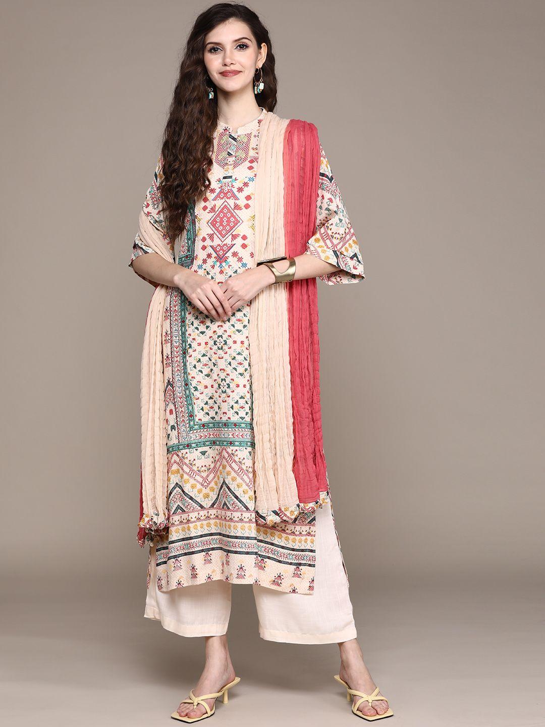 aarke ritu kumar women off white printed kurta with trousers & with dupatta