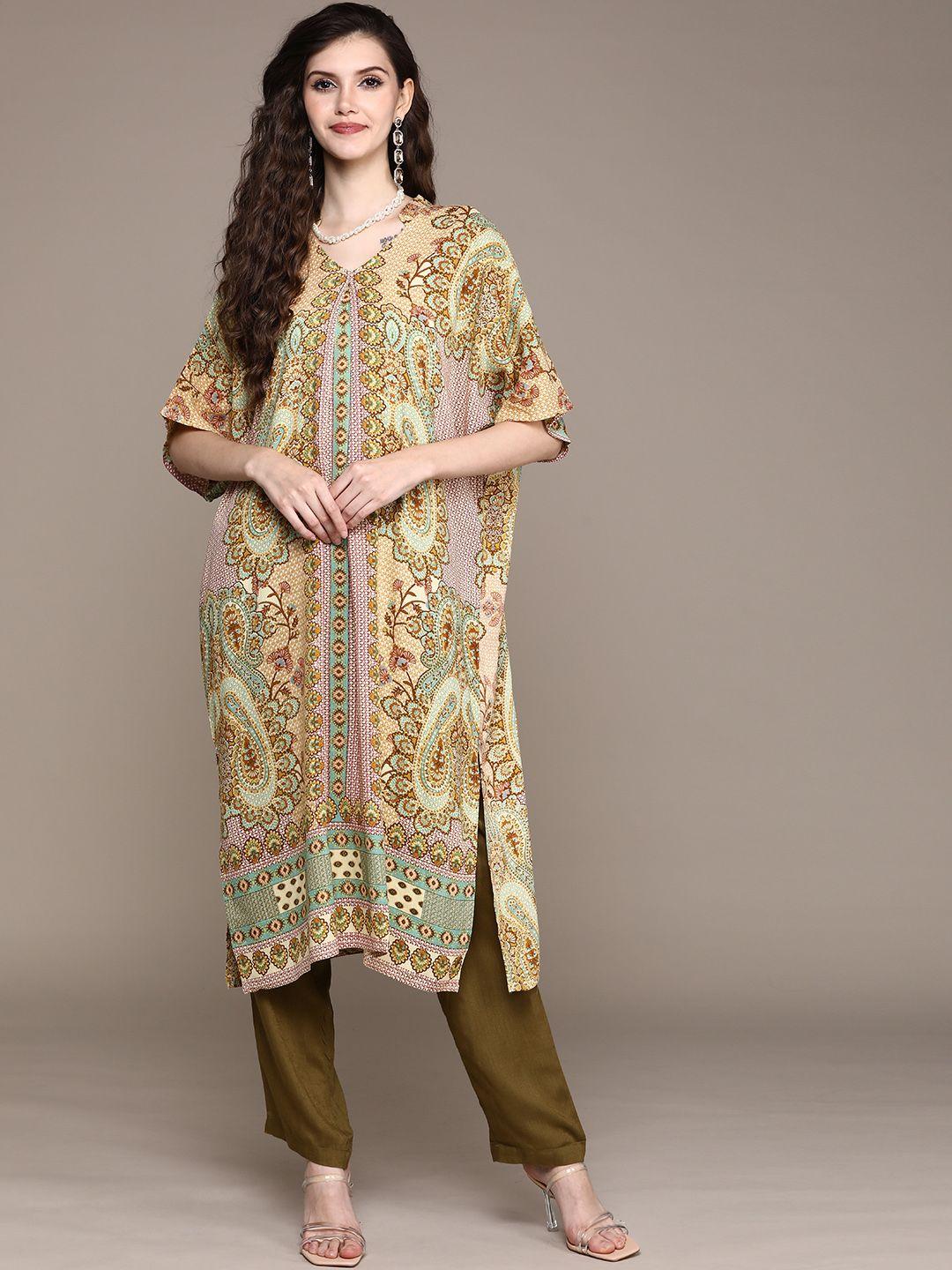 aarke ritu kumar women olive green ethnic motifs printed kurta with trousers