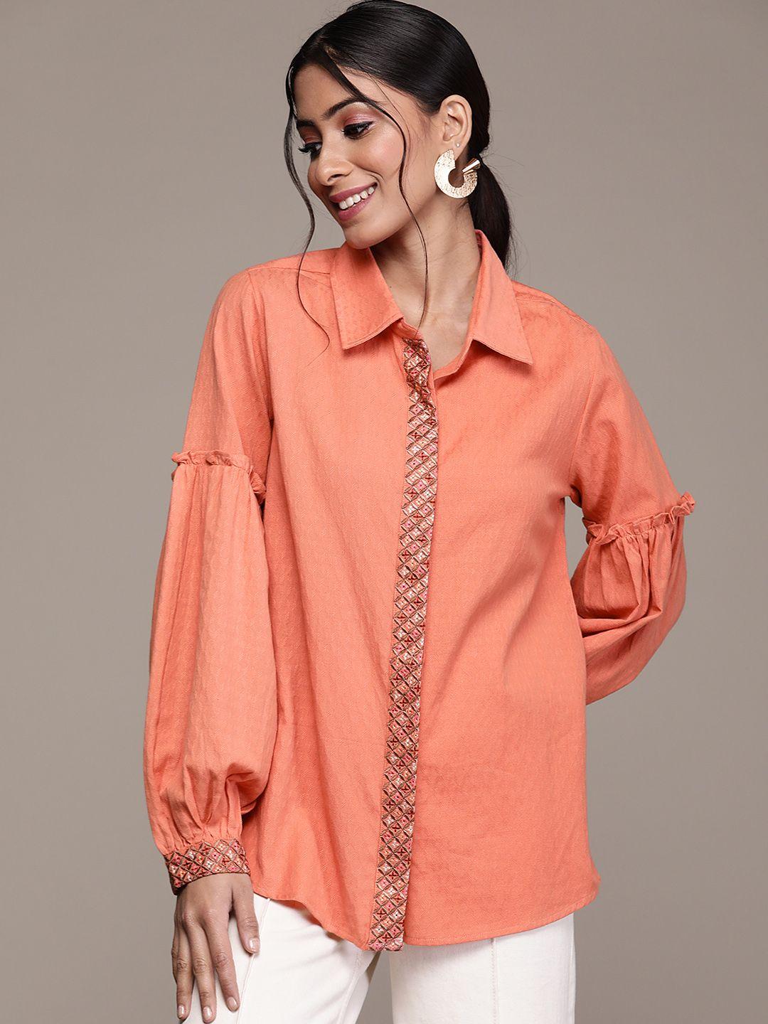 aarke ritu kumar women peach-coloured jacquard woven design ruffled longline shirt