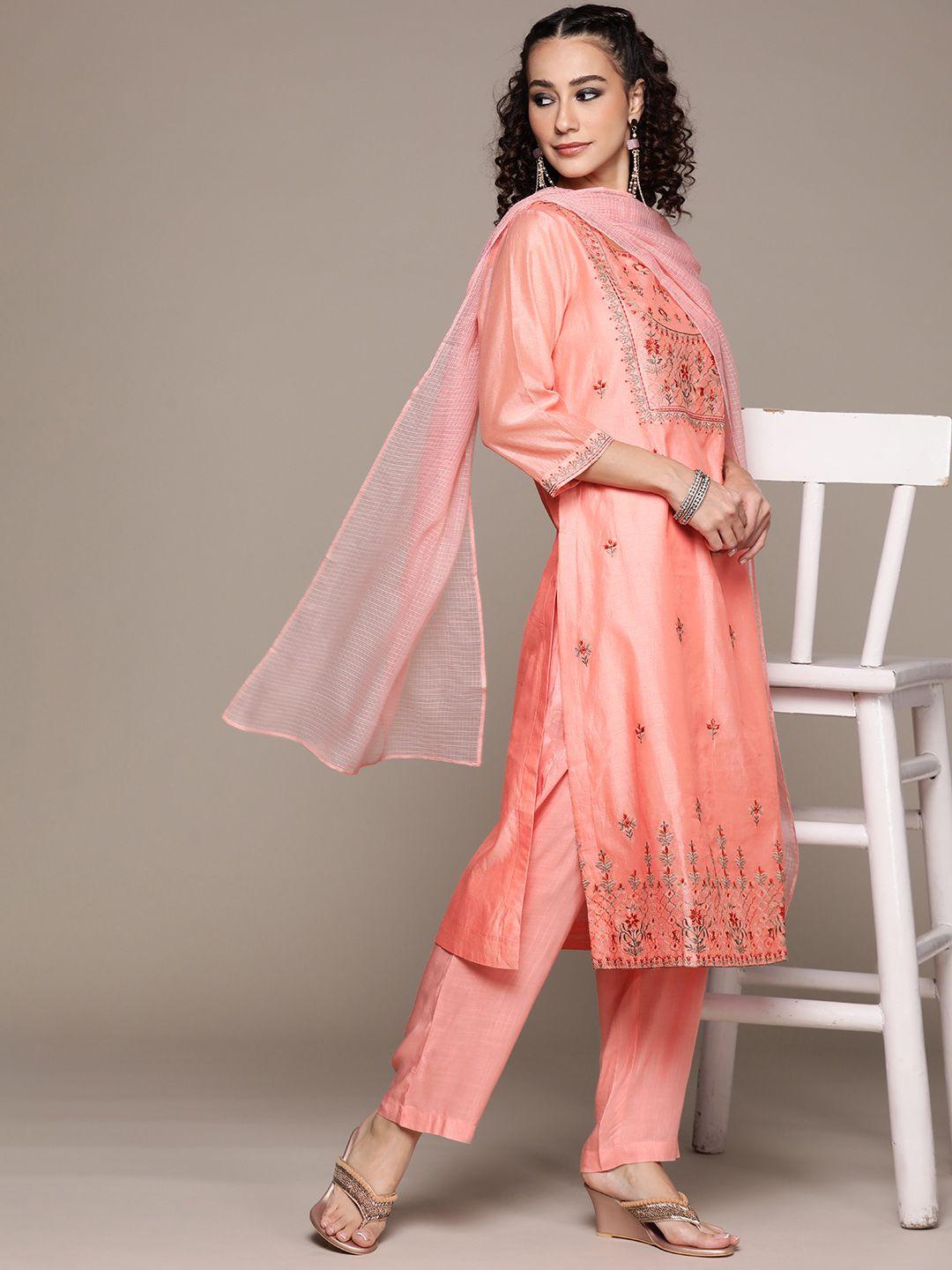 aarke ritu kumar women peach-coloured printed regular kurta with trousers & with dupatta