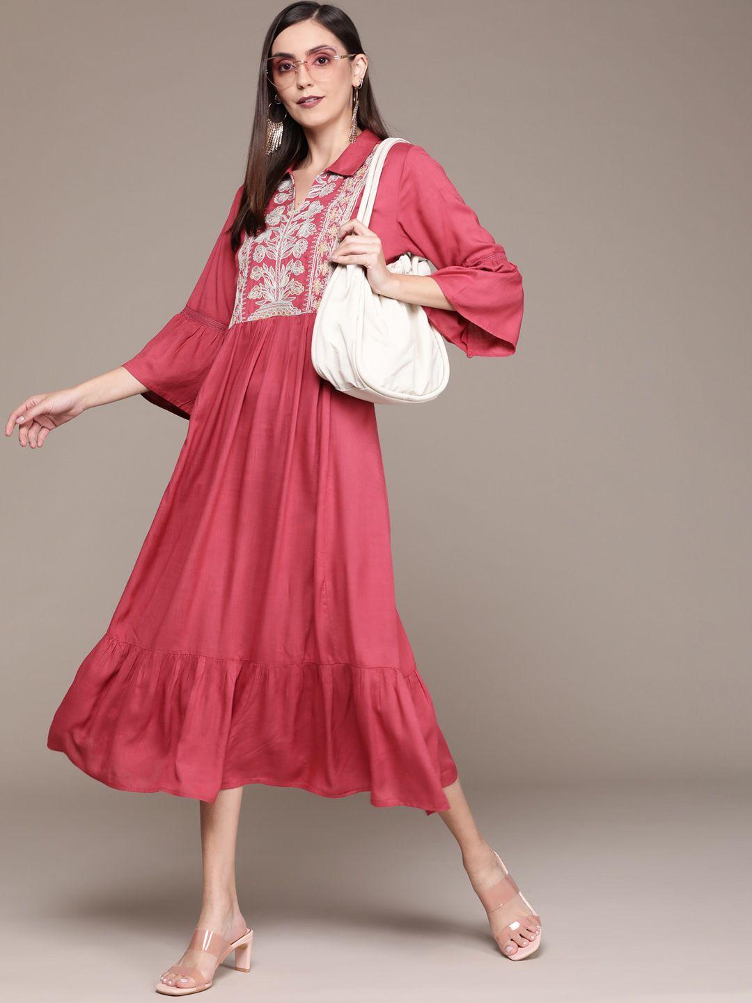 aarke ritu kumar women pink & white ethnic motifs embroidered shirt midi dress