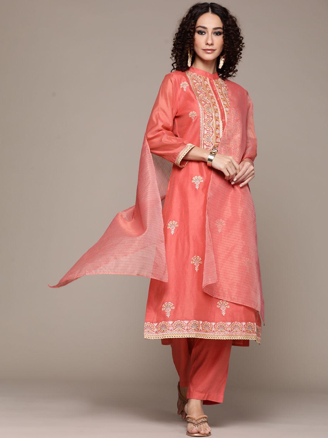 aarke ritu kumar women pink embroidered regular kurta with palazzos & with dupatta