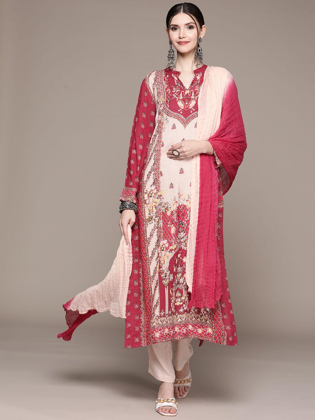 aarke ritu kumar women red & pink ethnic motifs printed kurta with trousers & with dupatta