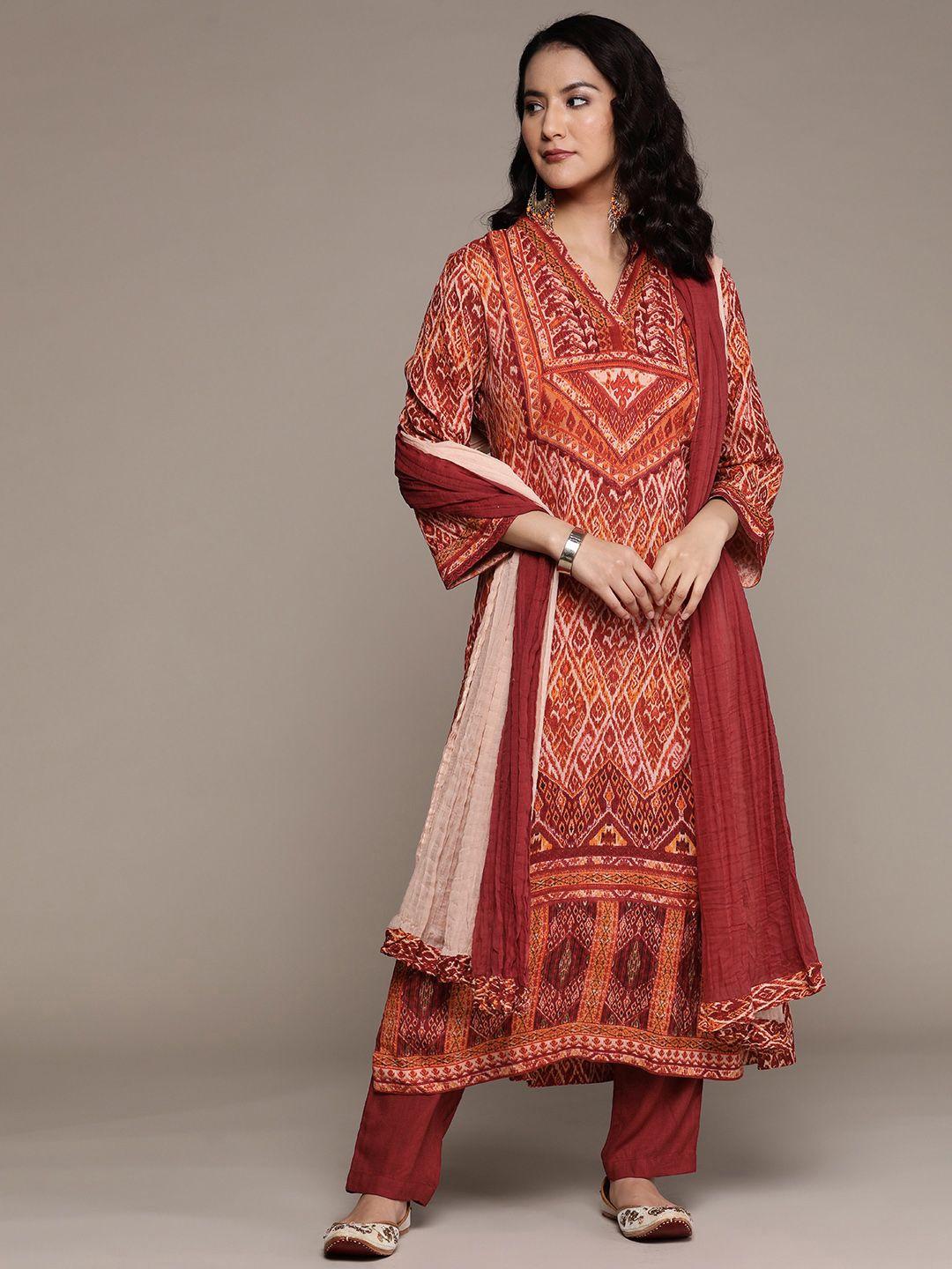 aarke ritu kumar women rust ethnic motifs printed kurta with trousers & with dupatta