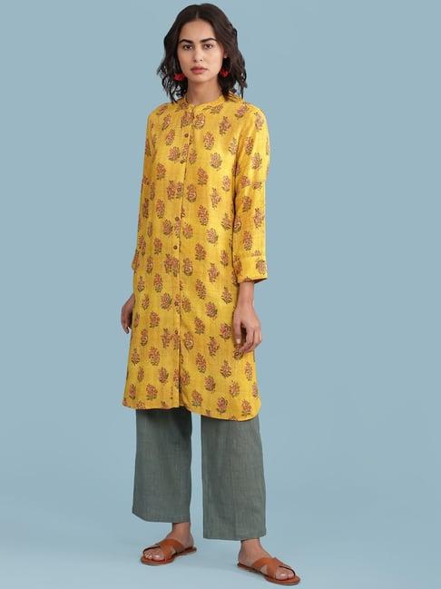 aarke ritu kumar yellow & grey floral print kurta pant set