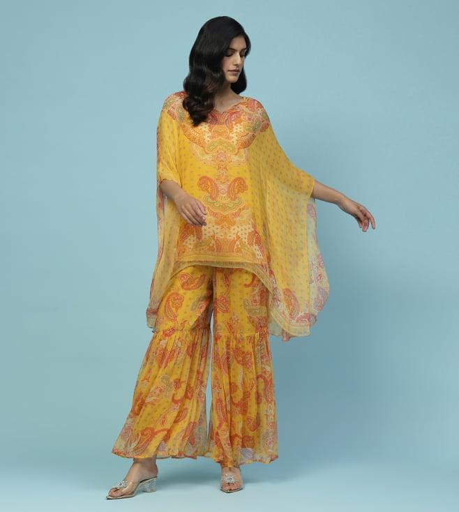 aarke ritu kumar yellow della paisley print kurta with sharara and camisole co-ord set